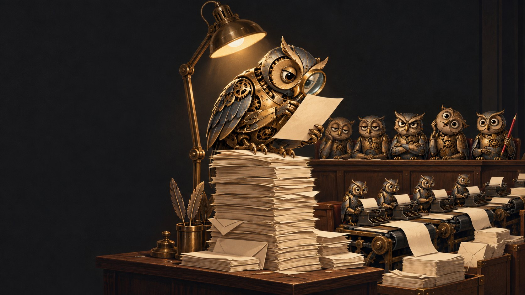 A brass mechanical owl reading an appeal letter at a desk piled with paper, a row of owl judges on the bench behind it and more owls at typewriters