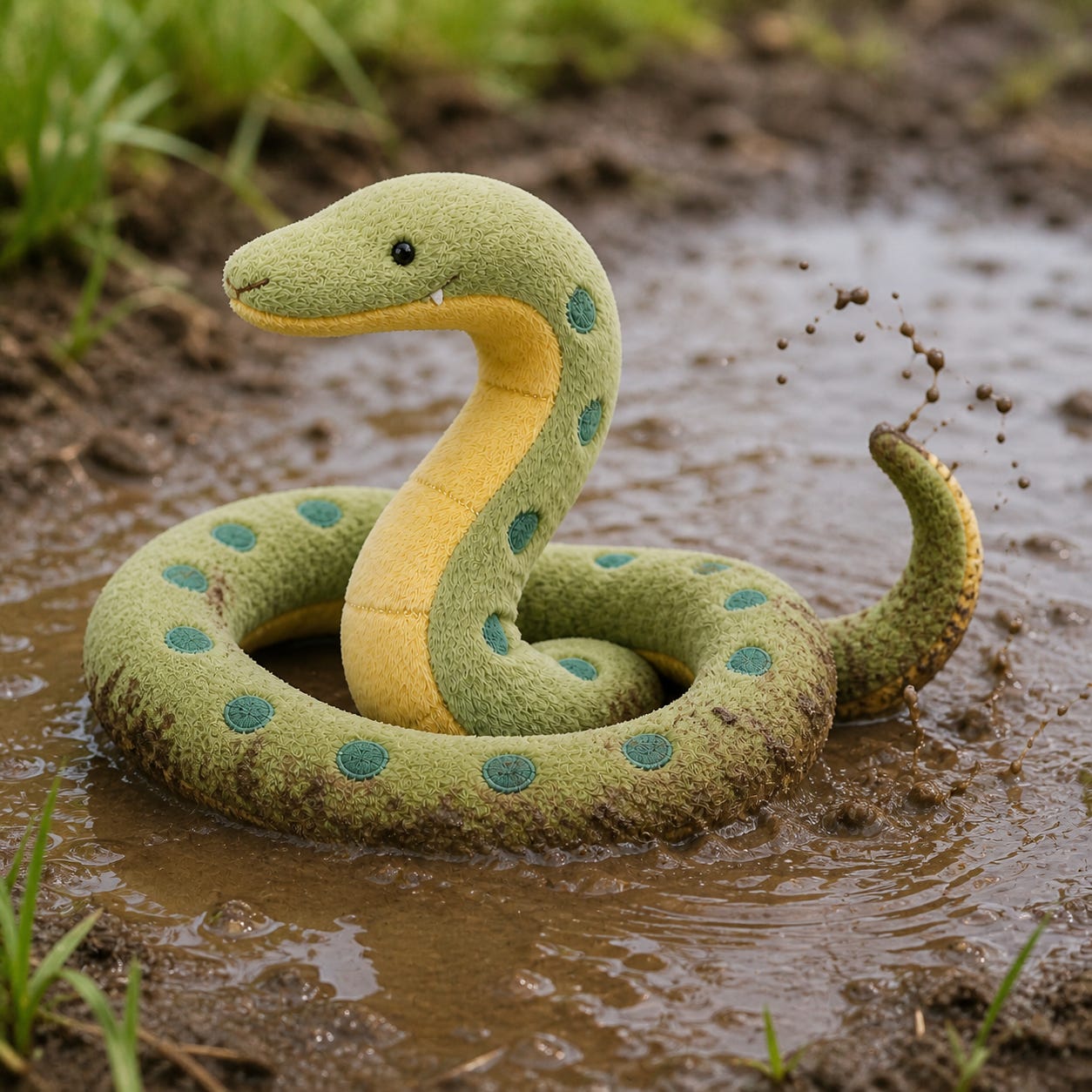 The python plushy, now sitting in a mud puddle