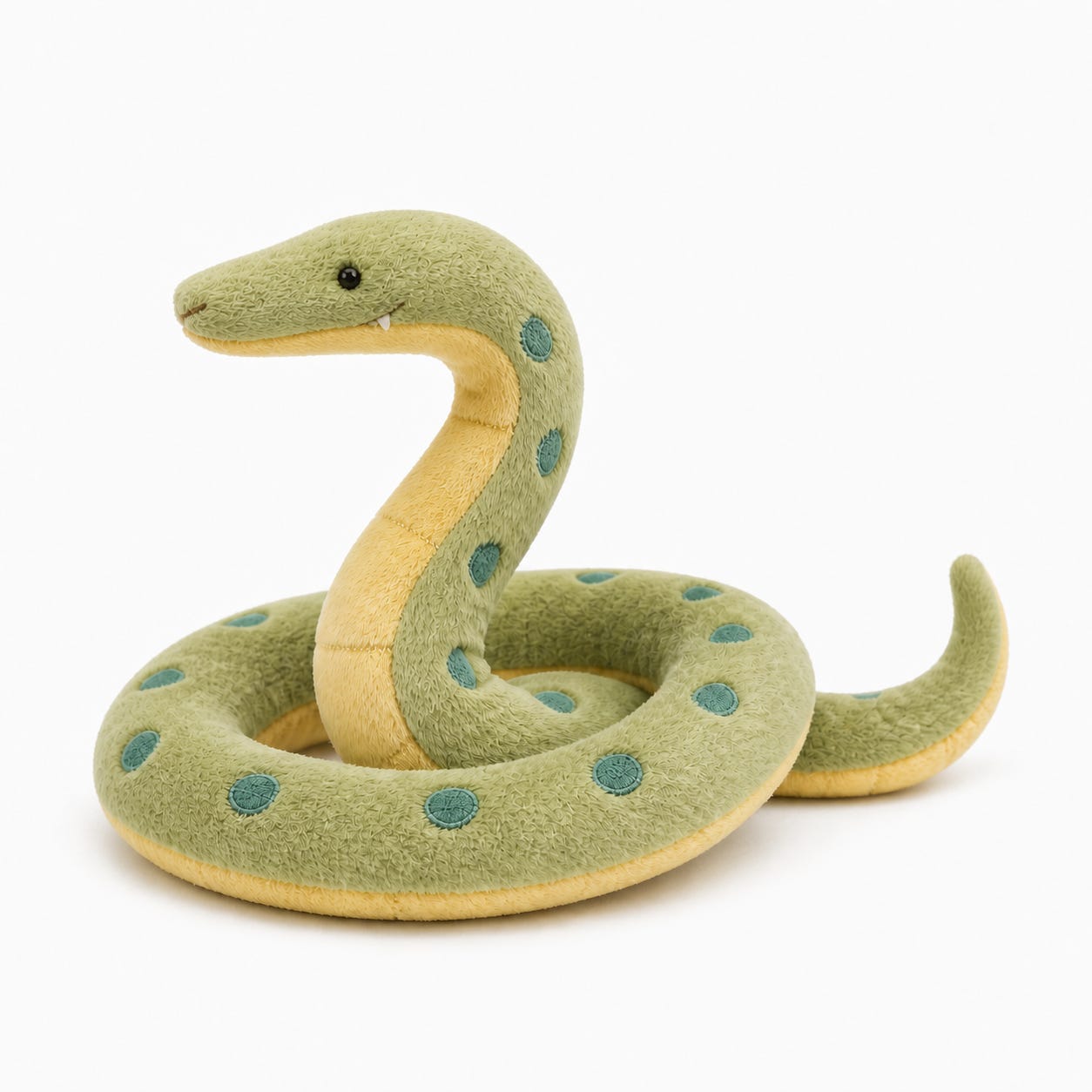 A green python plushy, coiled and smiling